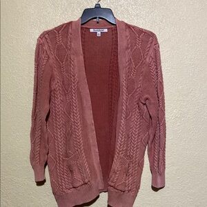 North Style Sweater Open Cardigan XL Pink Dusty Rose Stretchy Cable Knit Pocket